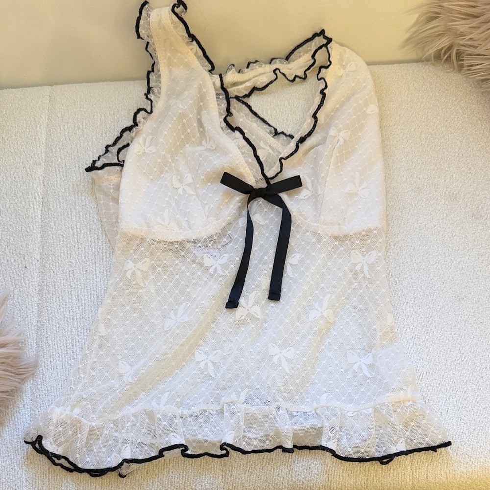 White Sheer Lace Top with Black Trim